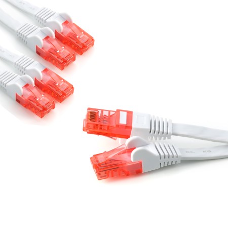5x 1m cable plano Cat6, blanco/rojo